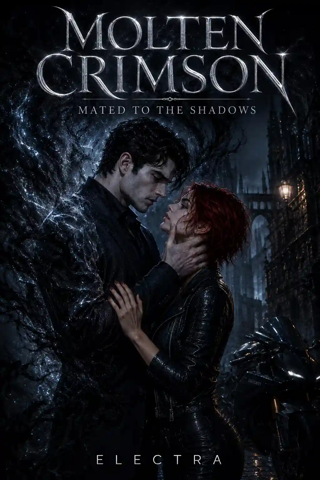 Cover of Mated to the Shadows, Book 1 of the Molten Crimson series: Senna, a half-demon smuggler, wreathed in molten crimson light against the shadow of the Obsidian Ring.
