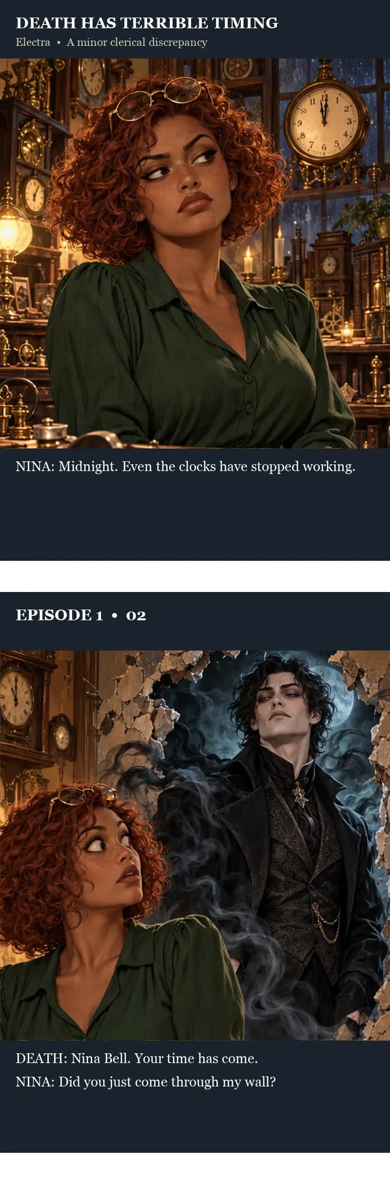 Panels one and two. At midnight, in a candlelit shop full of clocks, Nina looks up sceptically: “Midnight. Even the clocks have stopped working.” Then the wall behind her cracks open and a tall pale man in black steps through in a swirl of smoke. Death: “Nina Bell. Your time has come.” Nina: “Did you just come through my wall?”