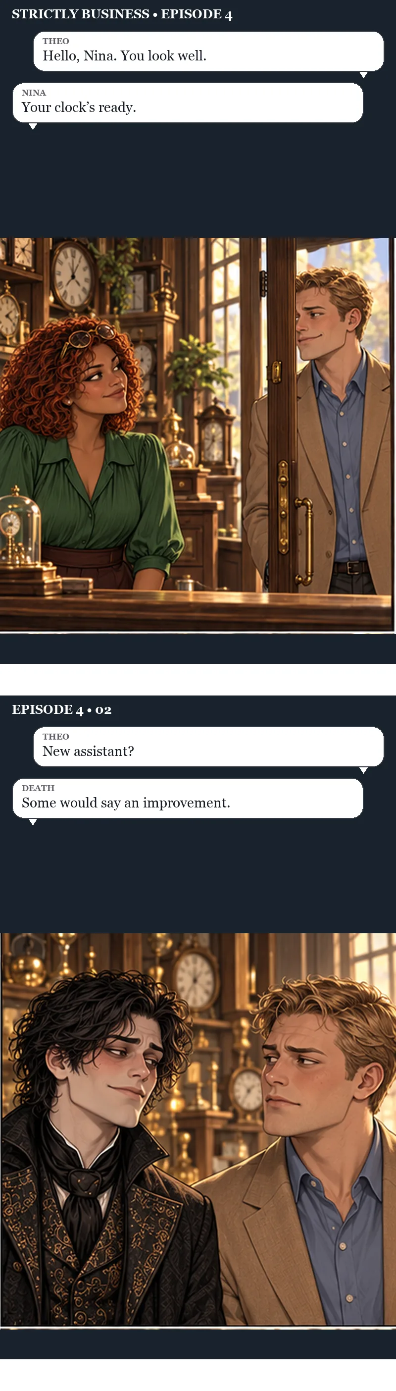 Panels one and two. A fair-haired man in a camel jacket, Theo, leans in at the clock shop door, smiling at Nina behind the counter. Theo: “Hello, Nina. You look well.” Nina: “Your clock's ready.” Then Death, half-smiling, side by side with Theo. Theo: “New assistant?” Death: “Some would say an improvement.”