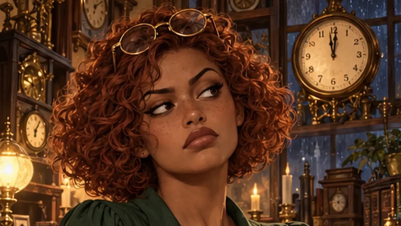 Death Has Terrible Timing — Nina, unimpressed, in a shop full of clocks at midnight