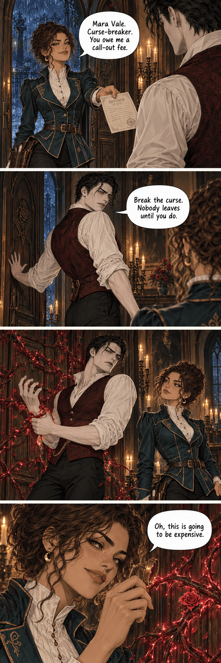 Part one. Mara Vale steps out of the rain into a candlelit gothic salon and hands Lucien her invoice: “Mara Vale. Curse-breaker. You owe me a call-out fee.” He closes the door behind her — “Break the curse. Nobody leaves until you do.” — and glowing crimson thorn vines snap across the door and lock around his wrist. Mara studies them through a brass lens: “Oh, this is going to be expensive.”