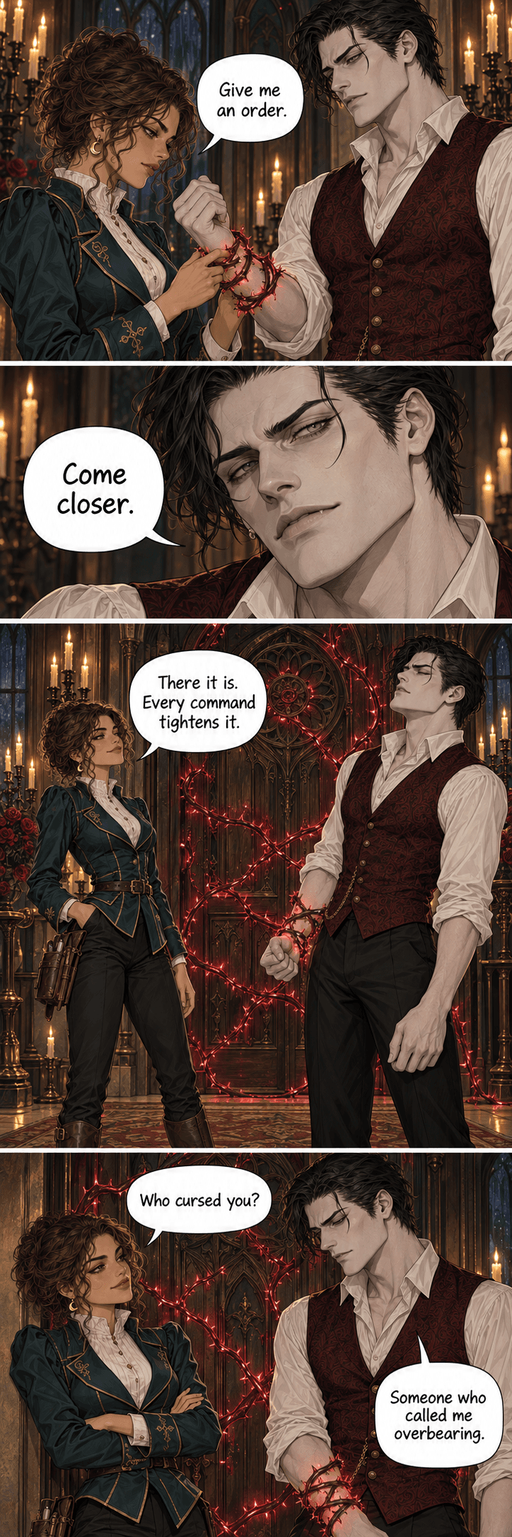 Part two. Mara examines the thorn circling Lucien's wrist and tells him to give her an order. He says “Come closer” — and the vines pull tighter while she stays deliberately one step away. “There it is. Every command tightens it.” She asks who cursed him. Lucien: “Someone who called me overbearing.”