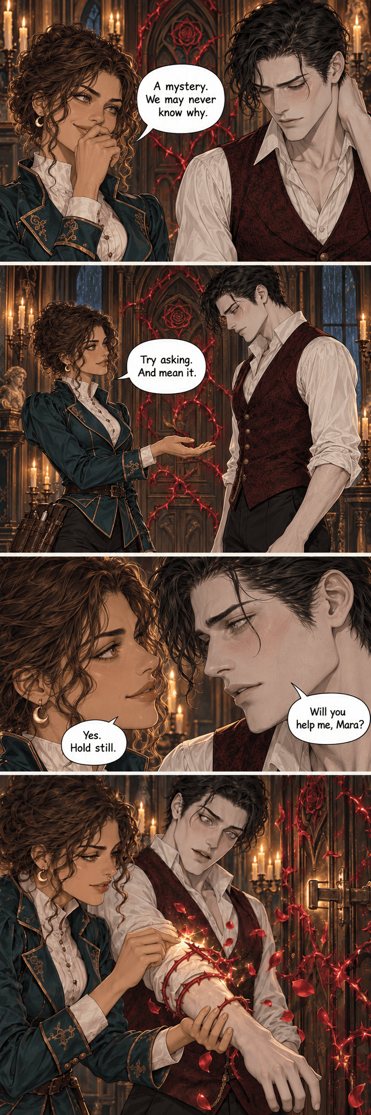 Part three. Mara lets the question of who cursed him drop — “A mystery. We may never know why.” — then holds out an open palm without touching him: “Try asking. And mean it.” Lucien drops the arrogance and asks honestly, “Will you help me, Mara?” She answers “Yes. Hold still,” unwinds the thorn in a thread of gold light, and the crimson vines fall away into loose rose petals as the door bolt springs open.
