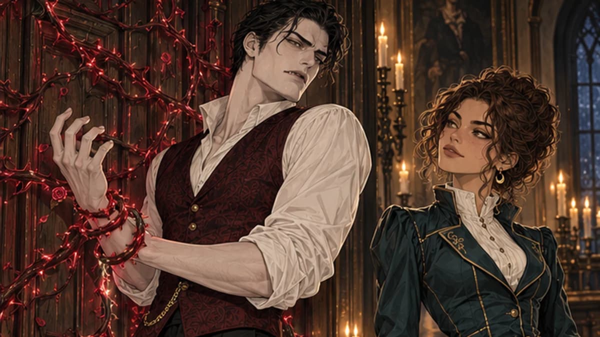 Until Dawn — Lucien bound to the door by glowing crimson thorns while Mara watches, unimpressed